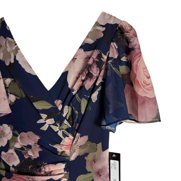 Xscape Surplice Tiered Navy Floral Print Chiffon Flutter Sleeve Evening Gown 4 - Picture 4 of 11